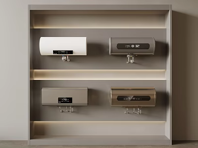 Household Appliances on Modern Display Shelf with Layered Shelving and White Silver Styles 3d model