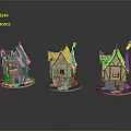 Cartoon Fairy Tale Scene With Three Small Houses Various Roofs And Decorated Windows