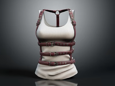 White Ribbed Vest Featuring Brown Leather Straps And Buckle Design Details 3d model