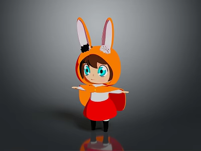 Animated Game Movie Character In Orange Hoodie With Rabbit Ears Blue Eyes And Red Dress 3d model
