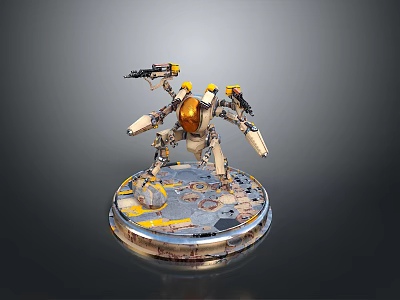 Mechanical Robot Character With Golden Head And Weapons On Circular Base 3d model