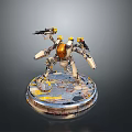 Mechanical Robot Character With Golden Head And Weapons On Circular Base 3d model