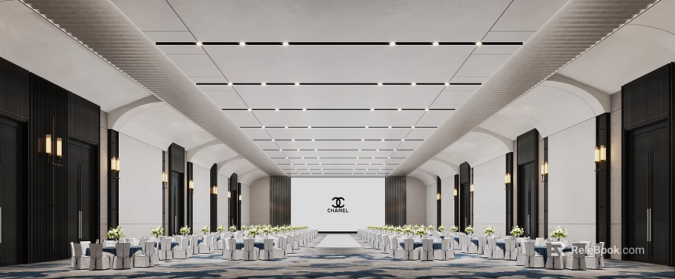 Minimalist Upscale Banquet Hall With Neatly Arranged Seats Central Runway For Hosting Luxury Formal Events 3d model 