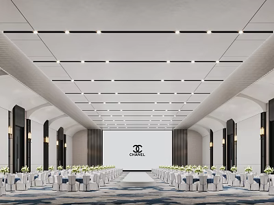 Minimalist Upscale Banquet Hall With Neatly Arranged Seats Central Runway For Hosting Luxury Formal Events 3d model