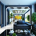 Modern Front Desk Reception Area With Company Logo Green Plants And Hexagonal Ceiling Design