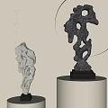 Two Decorative Stone Carvings White And Black Sculptures On Pedestals With Circular Background