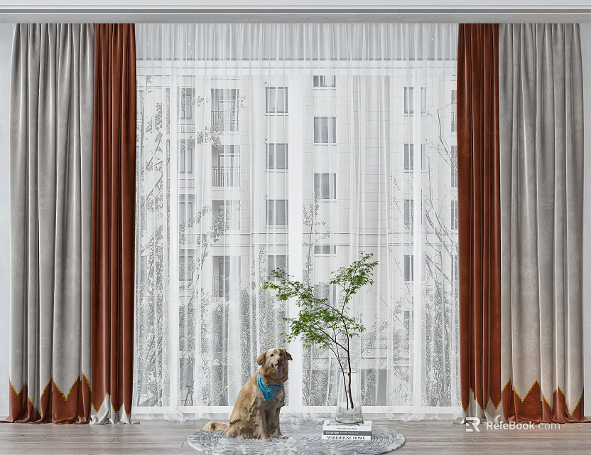 Grey and Brown Double Layer Curtains with Blue Collar Dog and Potted Plant by Window 3d model 
