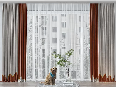 Grey and Brown Double Layer Curtains with Blue Collar Dog and Potted Plant by Window 3d model