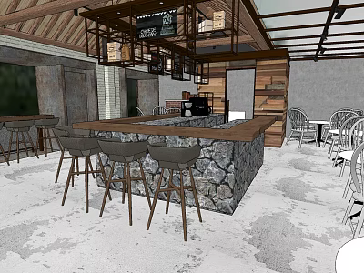Rustic Modern Bar Interior With Stone Counter Wooden Stools Hanging Lighting And Wooden Beams 3d model