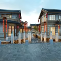 Traditional Chinese Commercial Street with Ancient Architecture Red Lanterns Stone Bridge and Pond
