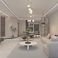 Modern Living Dining Room Interior With Sofa Armchair Dining Table Lighting Fixtures And Plant