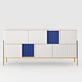 Modern White And Blue Side Console Cabinet With Golden Legs And Panel Doors