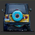 Yellow Jeep with Blue Roof Black Windows and Large Tires on Blue Platform Gray Background