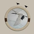 Abstract Painting with Circular Woven Frame Golden Bird Decorations and Flying Crane