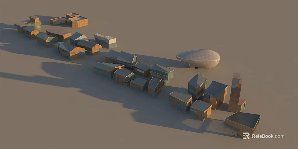 Modern Commercial Complex Featuring Multiple Buildings Unique Shapes And Contemporary Design 3d model 