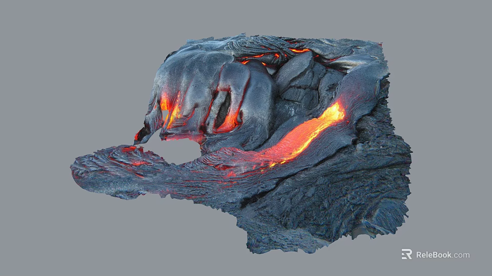 Volcanic Eruption Scene With Flowing Red Hot Lava And Black Rock Formation 3d model 