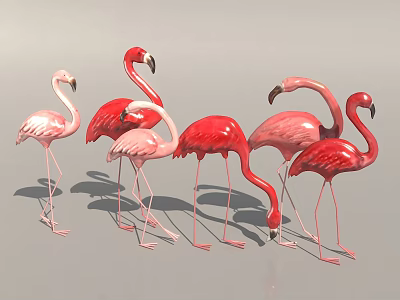 Flamingo Sculptures In Red And Pink Hues With Various Poses For Decoration 3d model