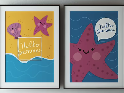 Colorful Summer Decorative Posters With Starfish Seashell And Hello Summer Text 3d model