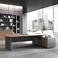 Modern Office Desk With Wooden Top Gray Frame Leather Chair And City View