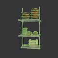 Three Tiered Metal Kitchen Shelf With Pots Dishes And Storage Baskets