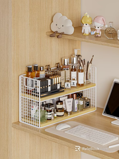 Organized Desktop With Two Tiered White Metal Rack Holding Perfumes Cosmetics And Skincare Products 3d model 