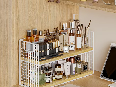 Organized Desktop With Two Tiered White Metal Rack Holding Perfumes Cosmetics And Skincare Products 3d model