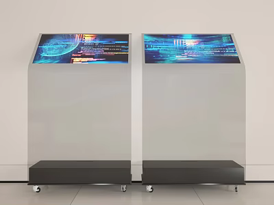 Two Interactive Digital Display Kiosks With Colorful Screens And Transparent Bases 3d model