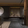 Modern Traditional Tea House Interior With Long Wooden Table Stools And Hanging Lights