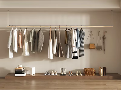 Various Clothes Hanging On Rail In Wardrobe Area With Bags Shoes Bookshelf And Boxes 3d model