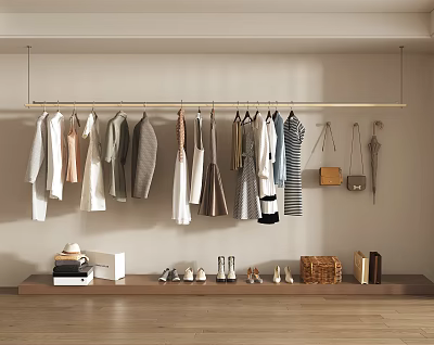 Various Clothes Hanging On Rail In Wardrobe Area With Bags Shoes Bookshelf And Boxes 3d model