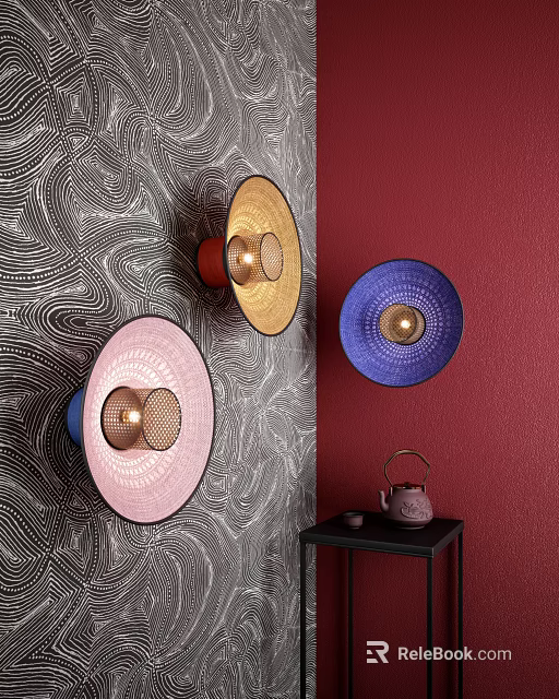 Colorful Wall Lamps on Textured Gray and Red Walls in Modern Living Room Decorative Setting 3d model 