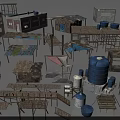 Various Wooden And Metal Building Components Including Tables Shelves Water Tanks Sheds And Brick Structures