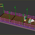 Wooden Platform Design With White Railings Street Lamps Statue And Table Chairs