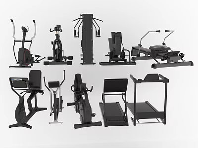 Various Types of Sports Equipment Including Elliptical Trainers Stationary Bikes Treadmills and Rowing Machines 3d model