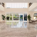 Modern Front Desk Reception Area With Marble Floor Large Screen Green Plants And Sofa