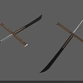 Two Crossed Swords With Wooden And Golden Hilts And Black Blades Displayed