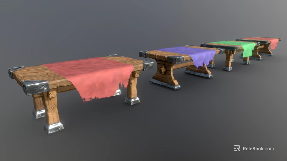 Wooden Benches With Metal Legs And Colored Cloths In Various Colors Arranged Neatly 3d model 