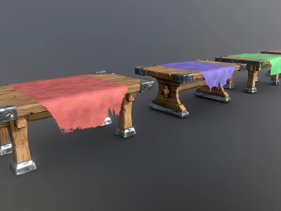 Wooden Benches With Metal Legs And Colored Cloths In Various Colors Arranged Neatly 3d model