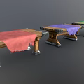 Wooden Benches With Metal Legs And Colored Cloths In Various Colors Arranged Neatly