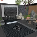 Serene Garden Courtyard With Trees Rocks Green Plants Outdoor Sofas Coffee Table And Water Feature