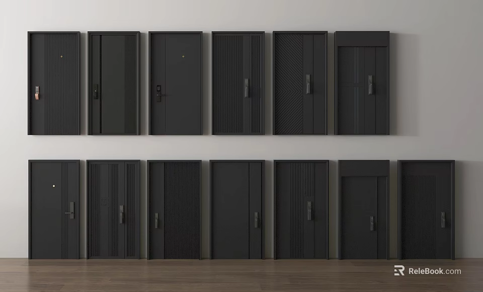 Various Modern Black Security Doors With Different Panel Designs And Handles 3d model