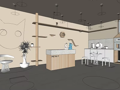 Modern Mall Store Interior Design With Wooden Shelves Pendant Lights Plant Decoration And Reception Counter 3d model