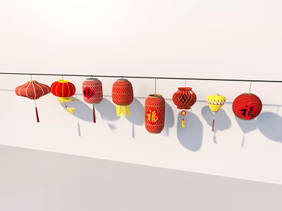 Traditional Chinese Decorative Lanterns Hanging In A Row With Red And Yellow And Fu Characters 3d model