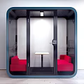 Red Public Chairs in Modern Enclosed Booth with Small Table and Glass Door