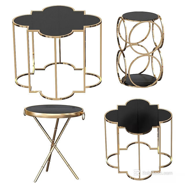 Various Elegant Dining Tables With Golden Metal Frames And Black Tabletops 3d model 