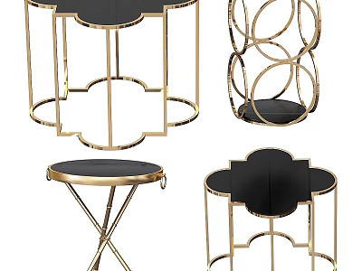 Various Elegant Dining Tables With Golden Metal Frames And Black Tabletops 3d model