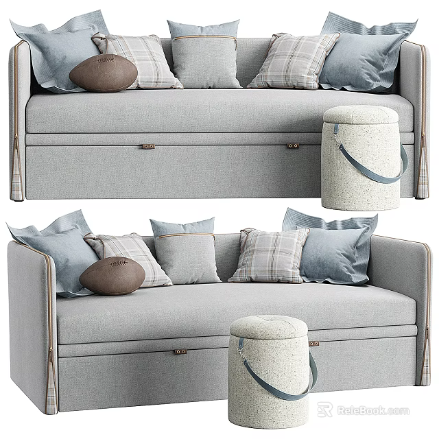 Grey Fabric Sofa With Plaid And Blue Throw Pillows And Storage Ottoman 3d model