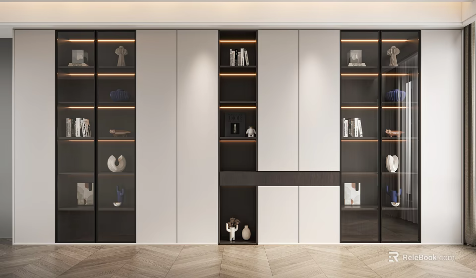Modern Bookcase Interior Design With Glass Doors Books Decorative Items And Lighting 3d model 