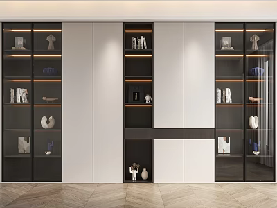 Modern Bookcase Interior Design With Glass Doors Books Decorative Items And Lighting 3d model