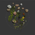 Wood Stone Materials with Green Plants Small Yellow Flowers White Daisies and Dark Background Reflections